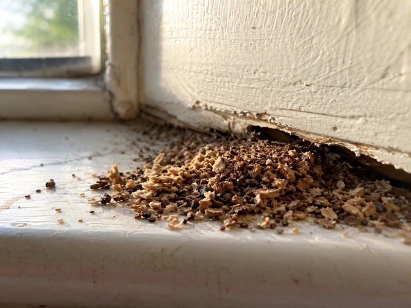 Coarse sawdust-like frass near window sills