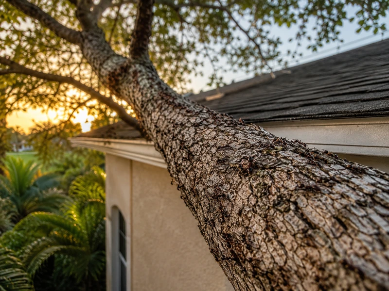Trails along tree limbs touching the roofline
