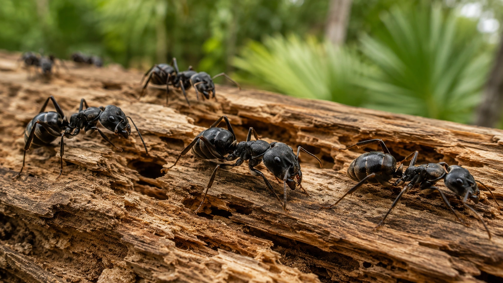 Large black carpenter ants on damaged splintered wood showing visible carpenter ants damage