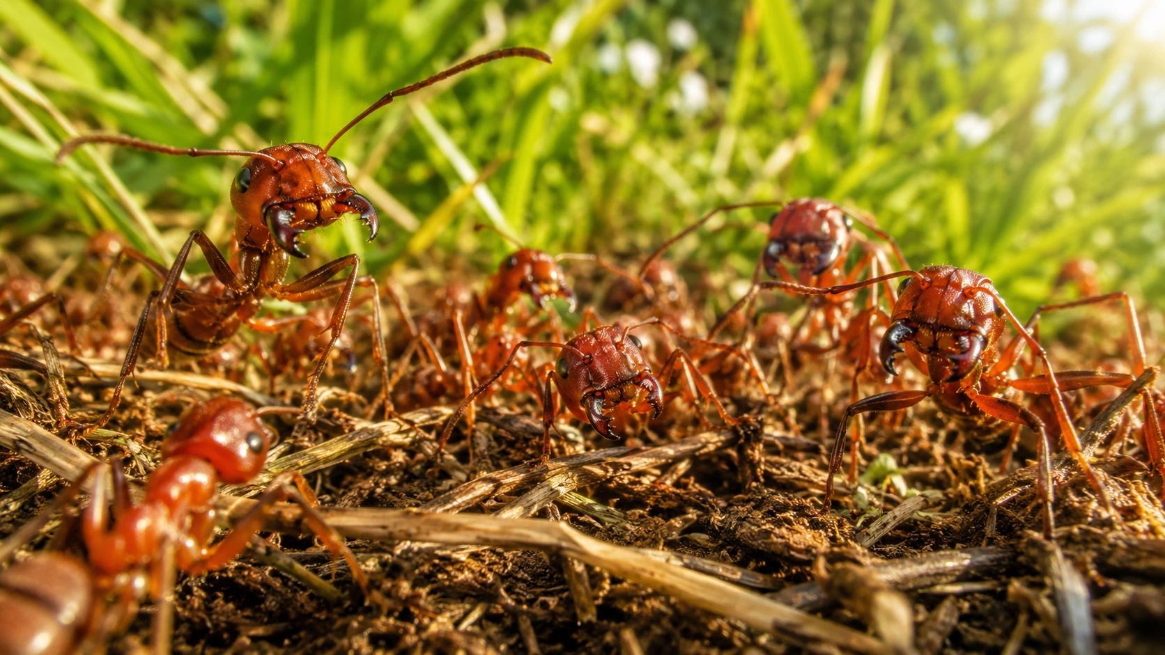 Aggressive red fire ants swarming Florida lawn in attack posture highlighting fire ant stings risk