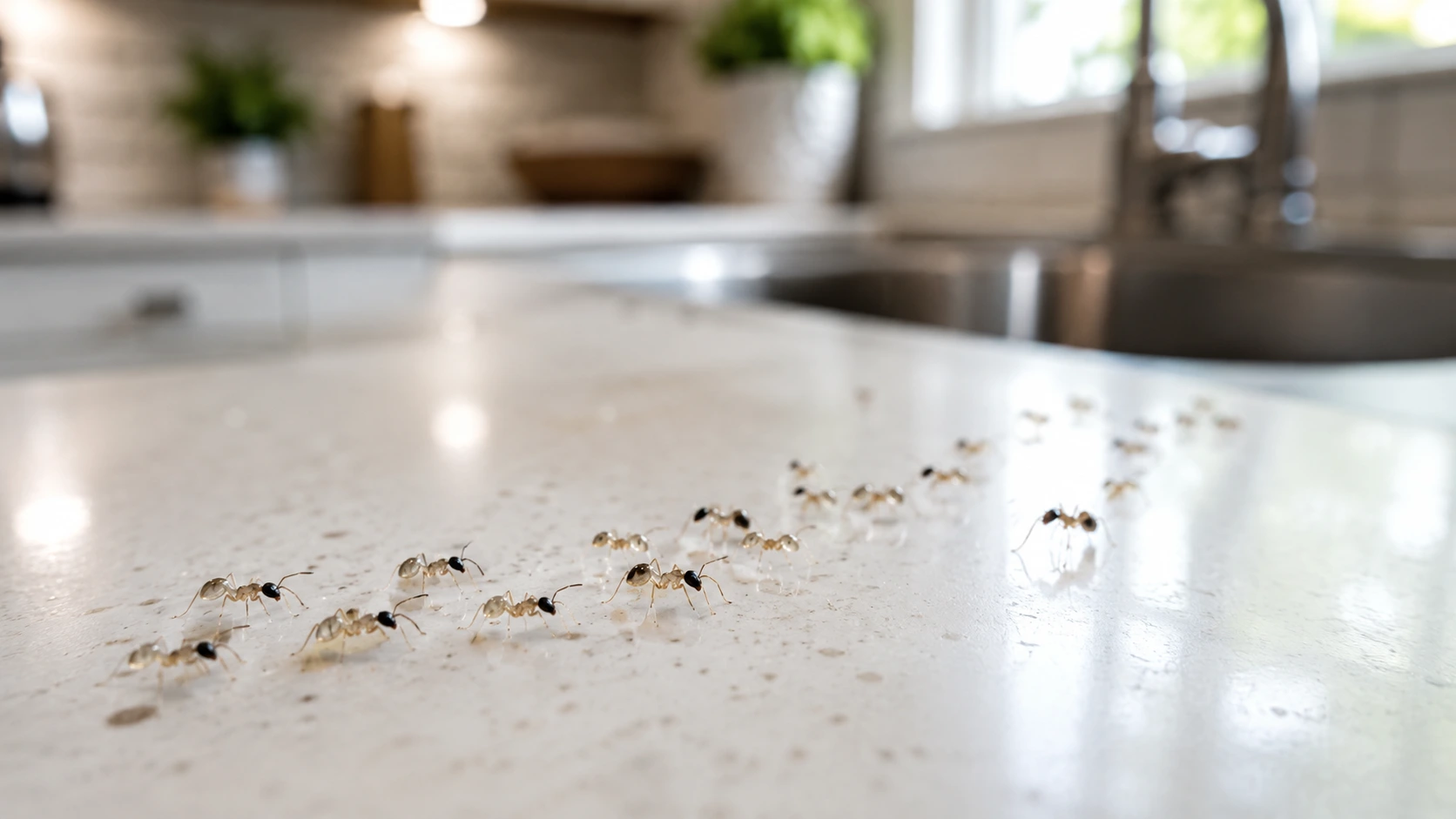 Extreme macro of ghost ants in the kitchen trailing across a white countertop toward a sink