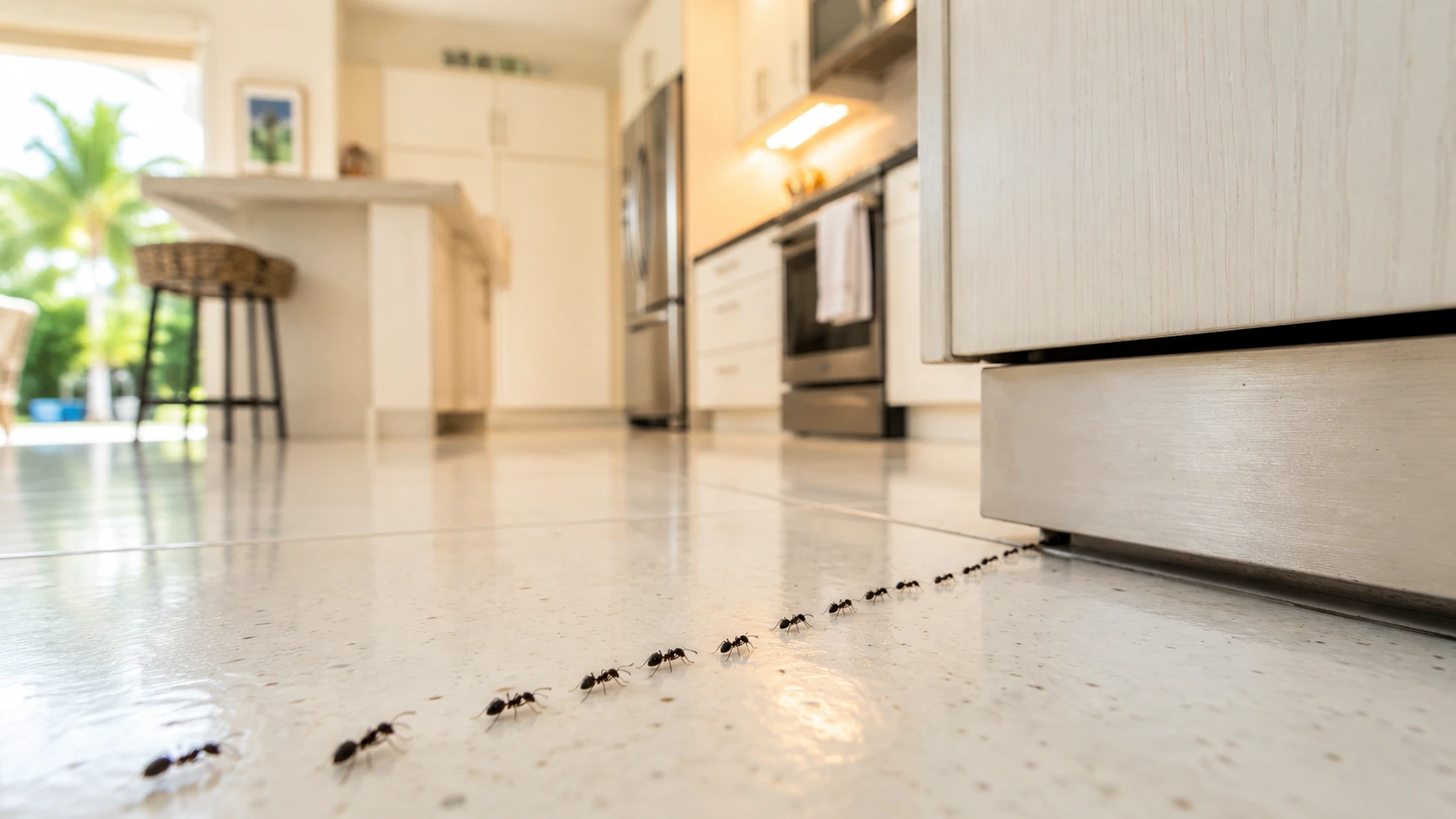 Trail of kitchen ants crossing a white tile floor toward a cabinet baseboard in a Florida home