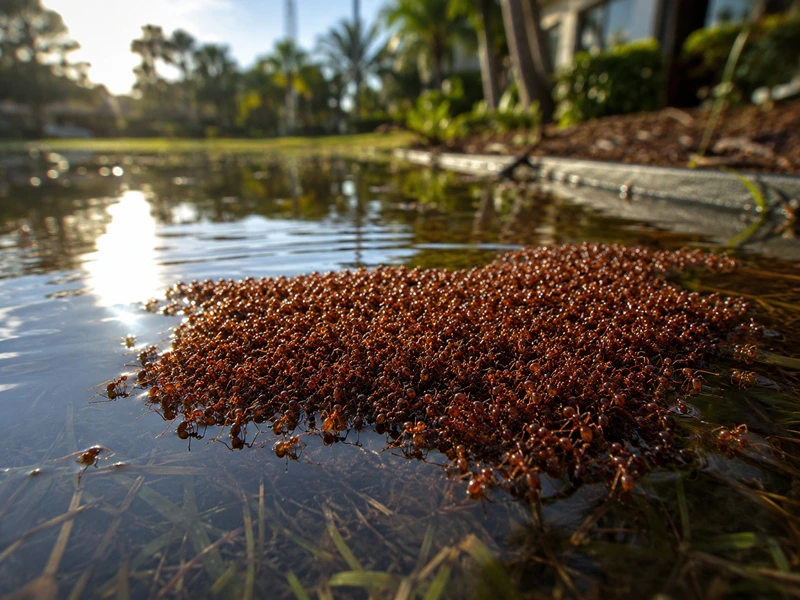 Floating rafts of ants visible after yard flooding
