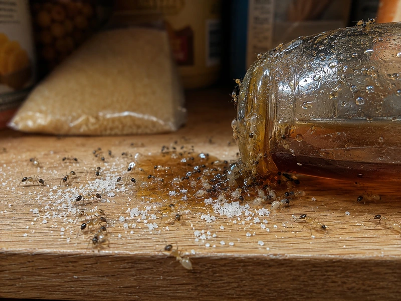 Appearing inside cabinets near sugar and syrup