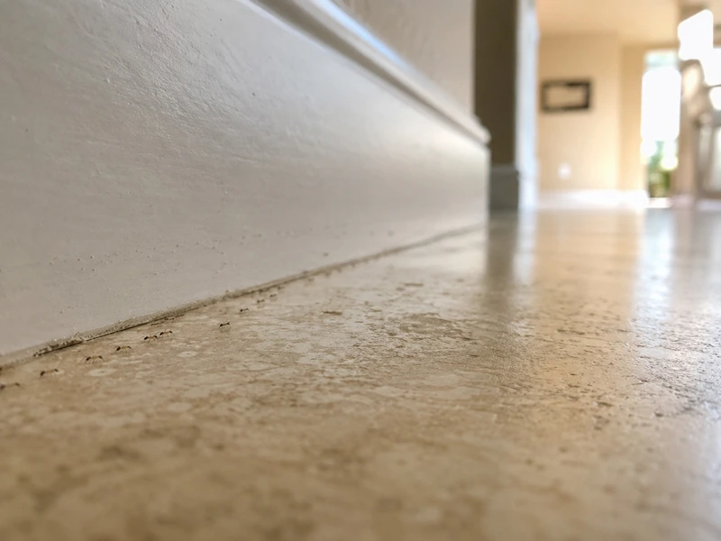 Trailing along the edge of tile and baseboards