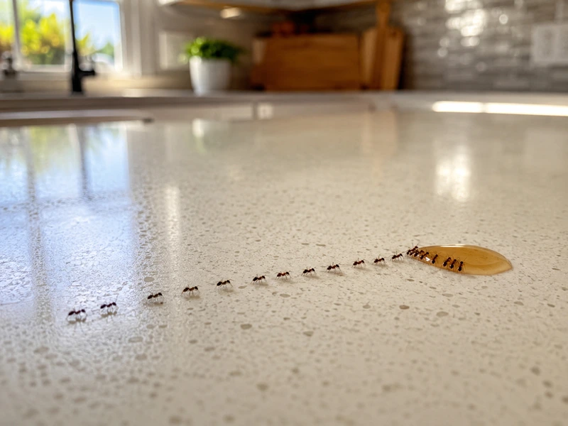 Single-file trails across kitchen countertops
